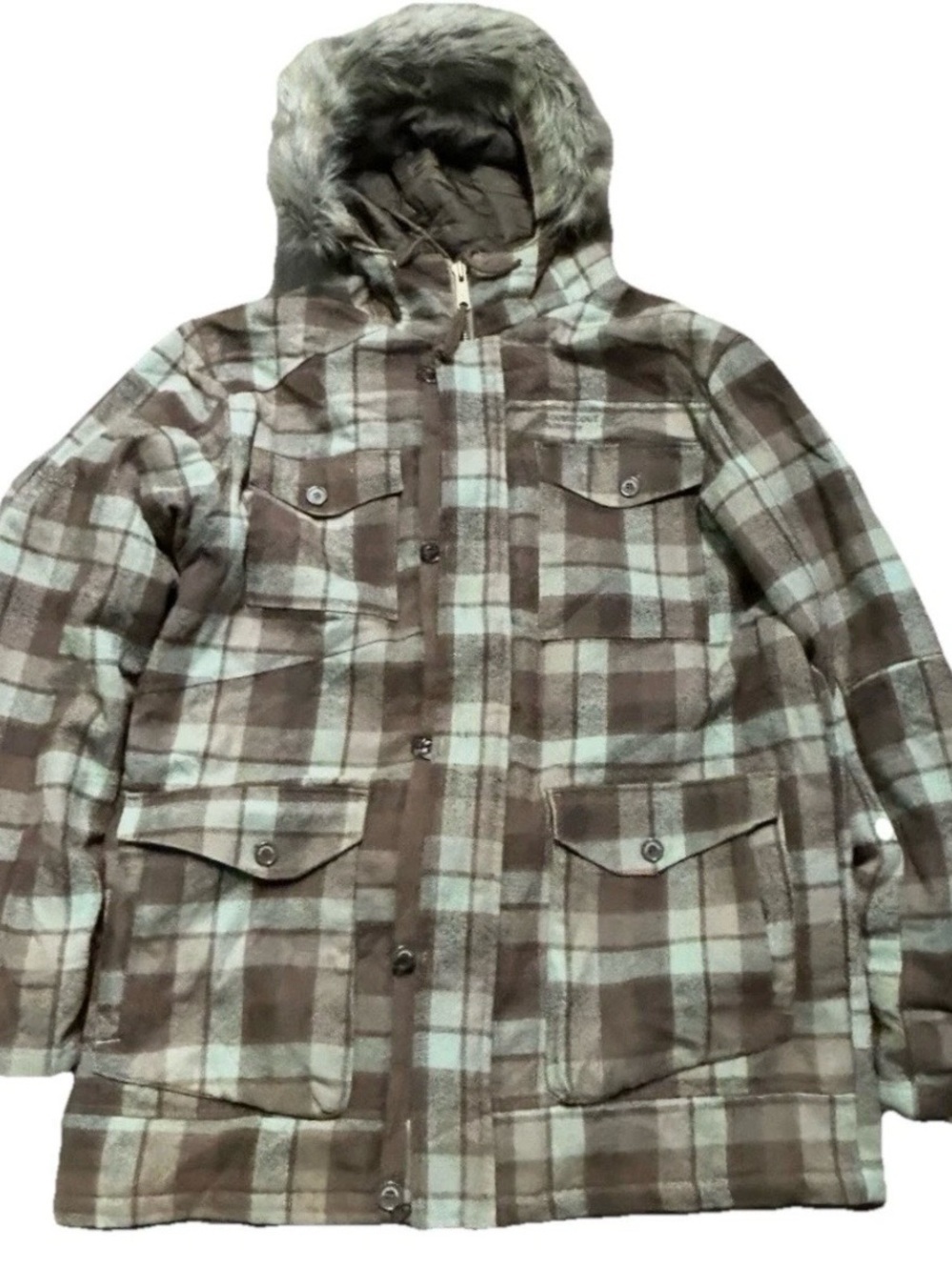 Men’s Volcom Scout Brown Plaid Winter Puffer Jacket Size XXL